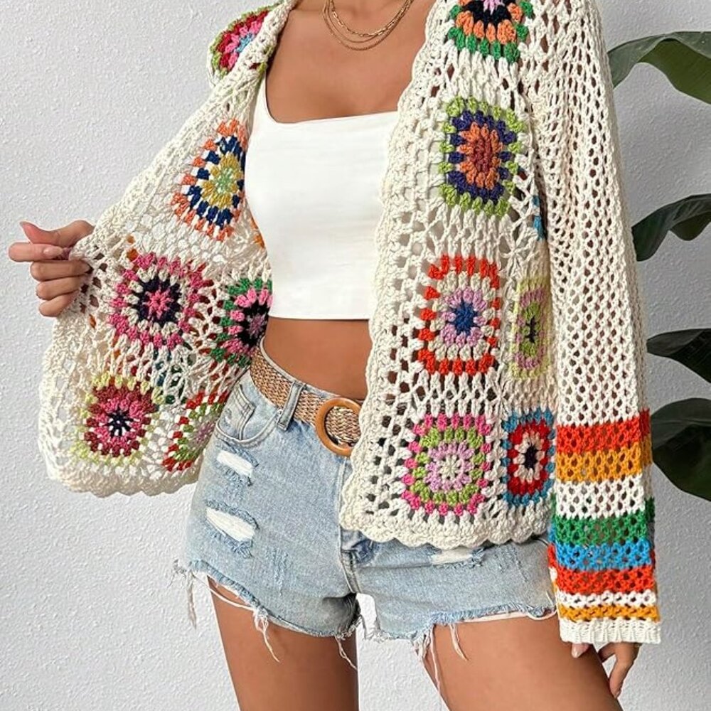 Ivory Multicolor Crochet Patchwork Open Boho Bohe… - image 5